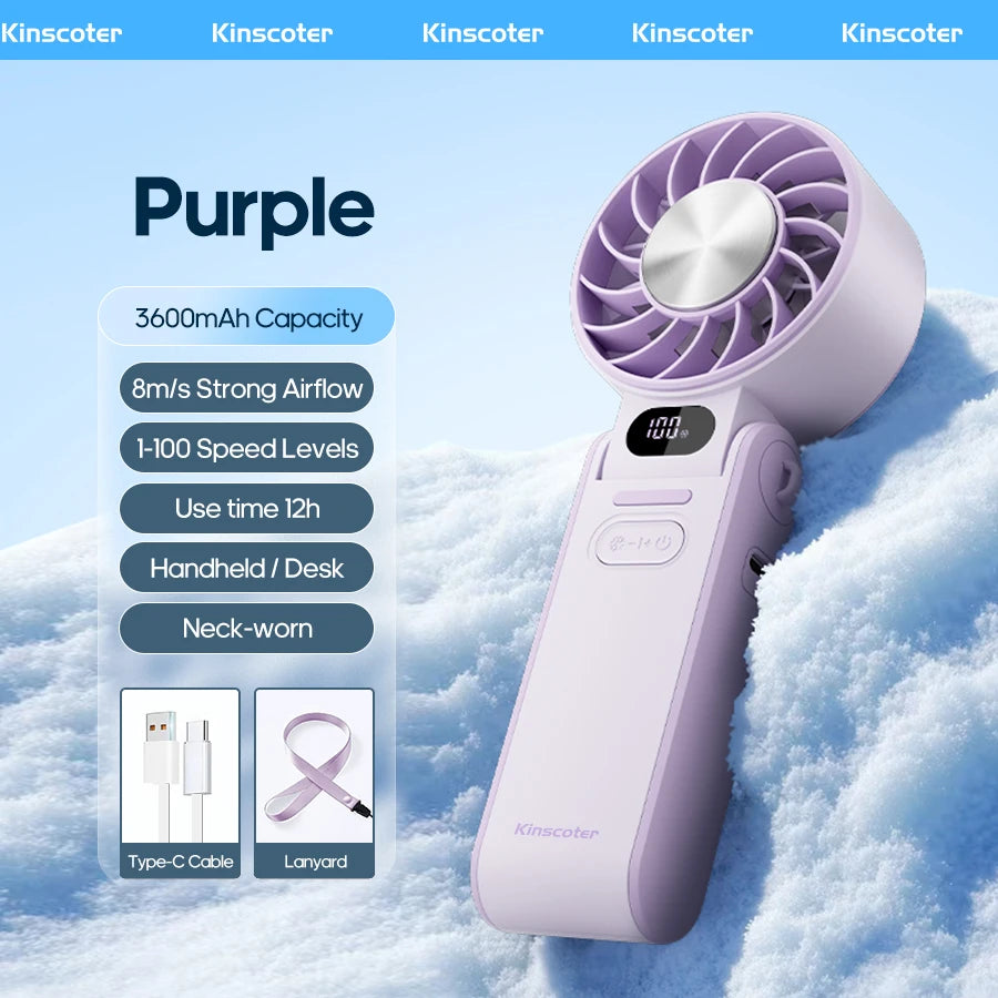 Portable Air Cooling Turbo Fan 3600Mah 100 Wind Speeds Adjustable Outdoor Foldable Student Handheld Fan with Lanyard