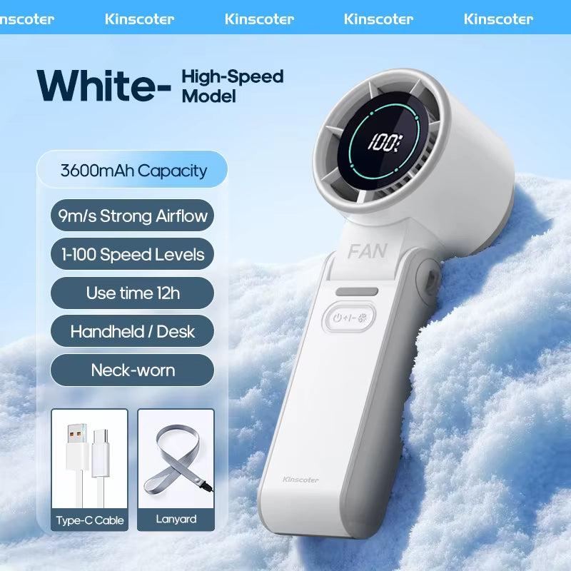 Portable Air Cooling Turbo Fan 3600Mah 100 Wind Speeds Adjustable Outdoor Foldable Student Handheld Fan with Lanyard