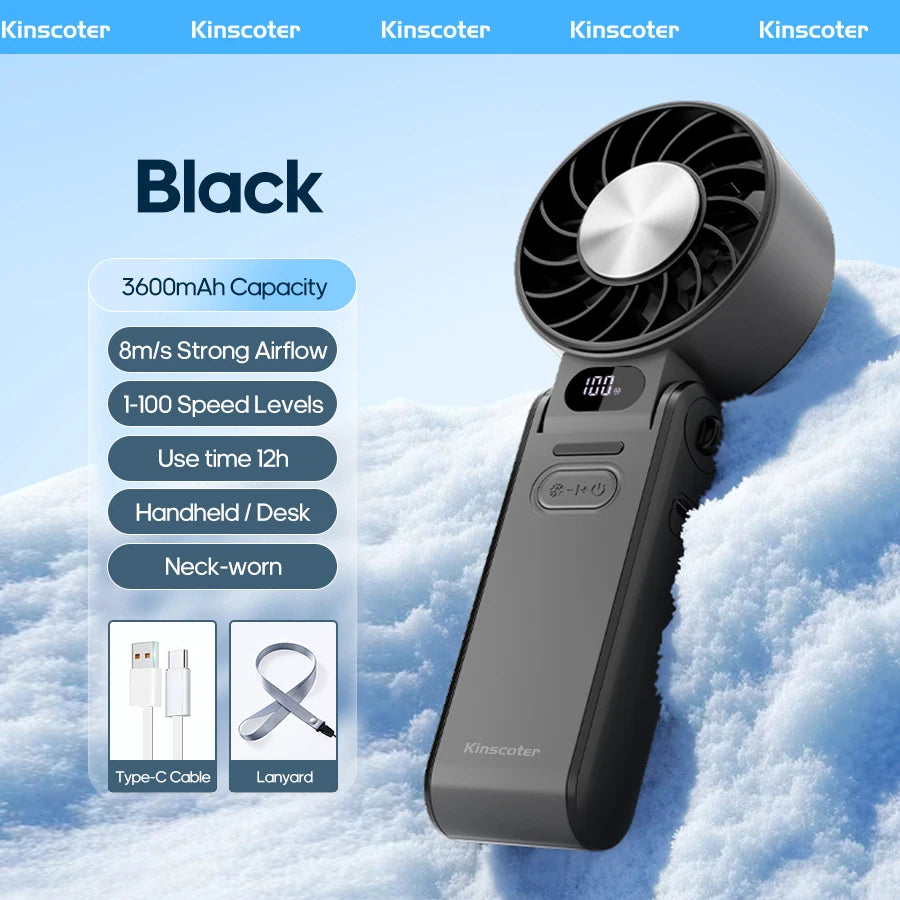 Portable Air Cooling Turbo Fan 3600Mah 100 Wind Speeds Adjustable Outdoor Foldable Student Handheld Fan with Lanyard
